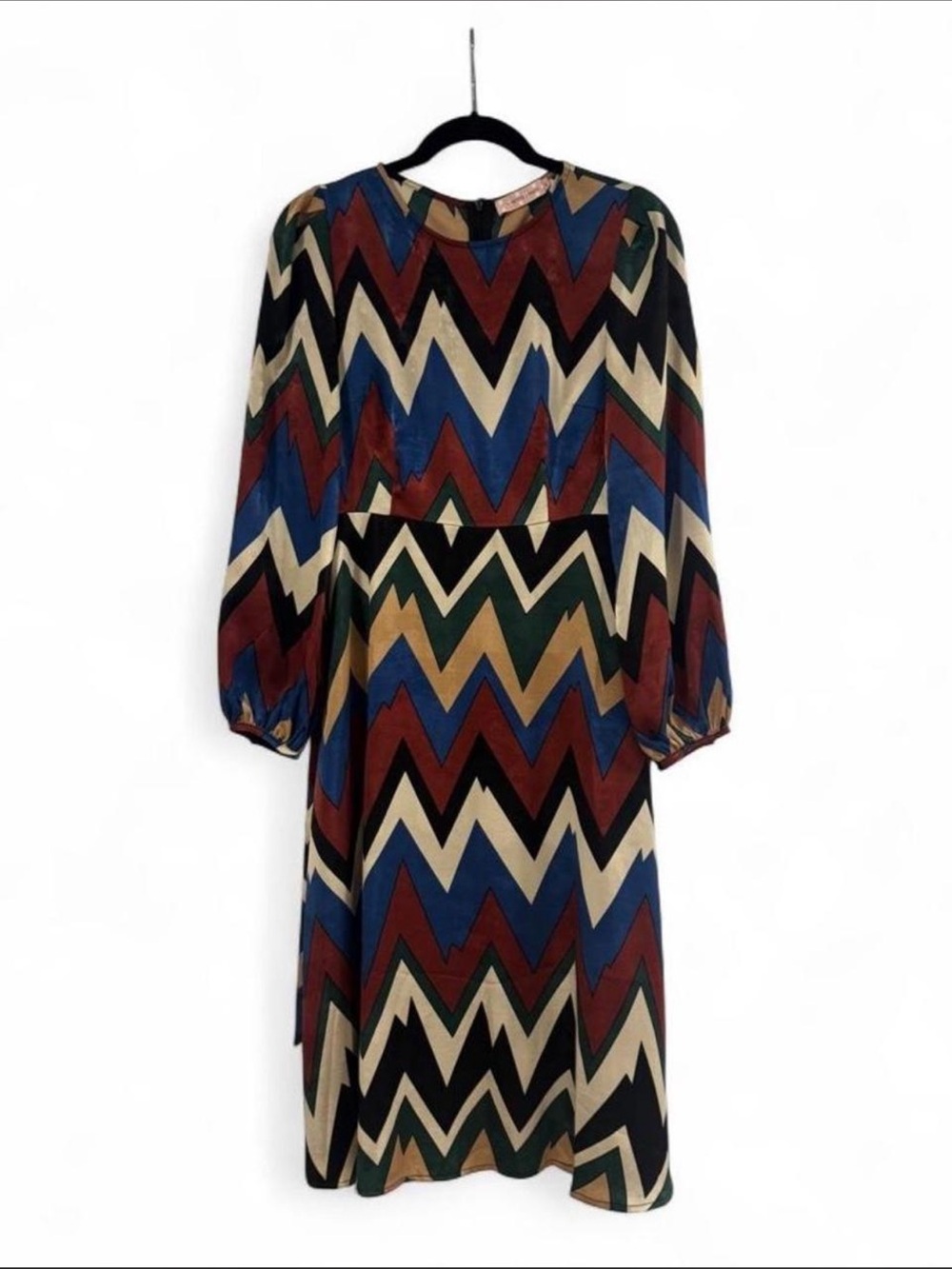 Traffic People Zigzag Midi Dress in Blue, Burgundy, Cream, Black & Green
